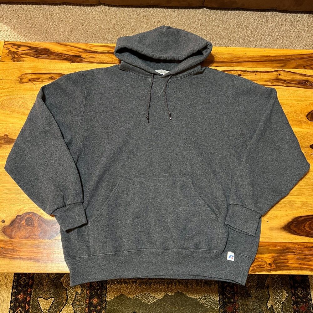 Vintage Y2K Russell Athletic Blank Dark Gray Pullover Hoodie - Men's Size Large